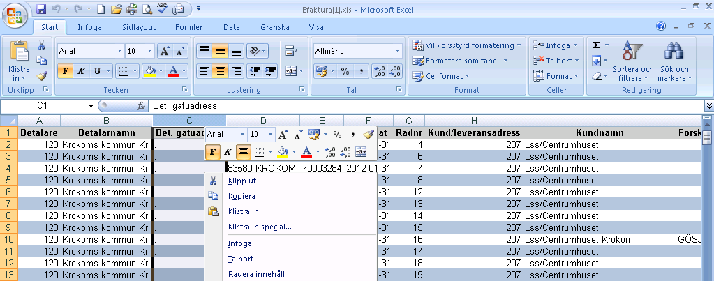 Har du sökt enligt alternativ a) får du upp en lista med fakturor. I listan ser du alla fakturor som skapats för denna betalare. Välj fakturan för den månad du söker.