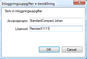 Konfigurering av RemoteX e-beställning För att kunna använda modulen måste användarnamn och lösenord anges till modulen.