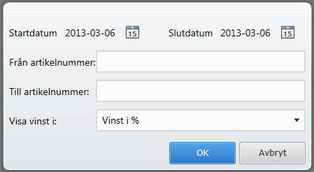 Artiklar Du kan ta ut rapporter på artiklarna. Försäljning och listor. Försäljning per artikelgrupp. Du kan välja att visa vinst i Kronor eller procent eller inte alls.