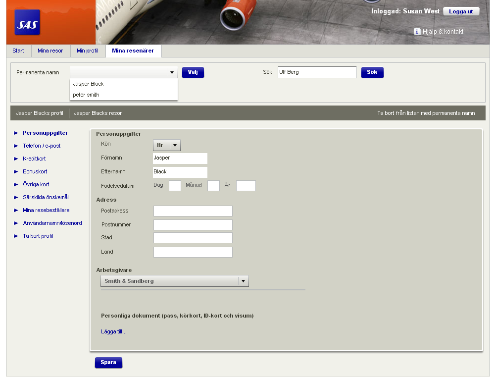 Mina resenärer: Här kan du söka upp resenärer med personprofil. Du kan uppdatera profilen och ta fram resenärens resor.