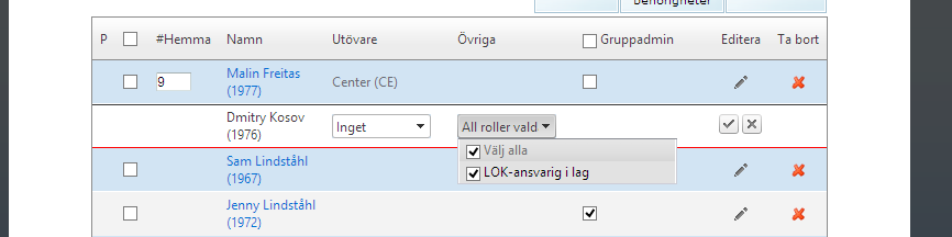 En rullista dyker upp under Utövare. KLICKA PÅ PILEN och hela listan med alla positioner syns. VÄLJ ROLL OCH SPARA.