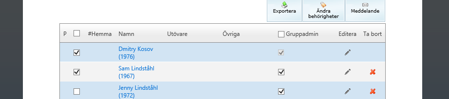 Exportera medlemmar till Excellista För att ta fram en lista med medlemmarnas namn samt utövarbegrepp och andra uppgifter gör du så att du klickar i önskade medlemmar till vänster eller i rutan högst