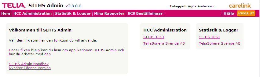 SITHS Admin Handbok 11 4 Startsidan 4.1 Allmänt Ovanför den röda bården anges versionsnummer för aktuell version av SITHS Admin.
