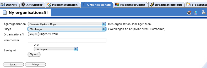 5 ORGANISATIONSFIL Under fliken Organisationsfil kan lokalavdelningen lägga upp filer, som till exempel stadgar och årsmötesprotokoll (även distriktet och förbundet kan lägga dit filer som hör till