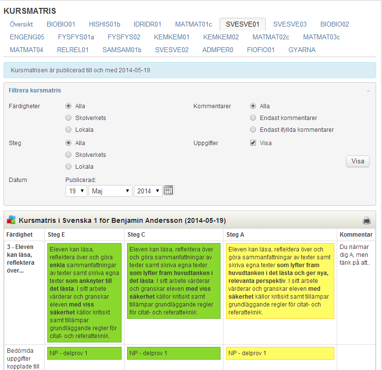 Du kan också välja att titta på kursmatrisen ett specifikt datum. Ämnesmatris (grundskolan) Här ser du Skolverkets nationella kunskapskrav med de färdigheter och steg som finns i varje ämne.