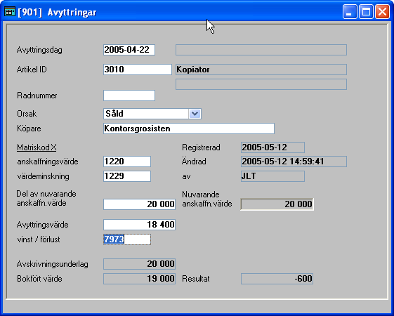 Avyttringar (Finns under dagliga rutiner avyttringar alt gå till Anläggningar/inventarier öppna en inventarier och välj avyttringar i trädstrukturen) Ange avyttringsdag, artikel ID (inventarier nr)