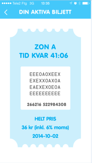 för byte inom två timmar från köptillfället. Giltighetstiden räknas ner under giltighetstiden. Bärare: Biljett i mobiltelefon. Priskategori: Helt pris och reducerat pris.