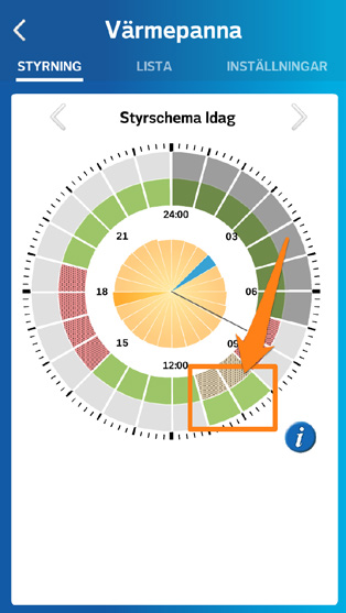 Ändra styrschemat Genom att klicka på den blå pilen på din styrenhet får du en mer detaljerad vy där du själv kan påverka styrschemat och välja när du vill ha till exempel varmvattenberedaren av- och