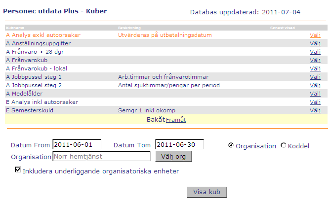 Utdata 3 (6) 2012-07-24 Kubrapporter Rapporterna som ligger här kan du ändra och vinkla så att du får dem som du vill. Du kan exportera ut dem till Excel för att bygga vidare och beräkna dem.