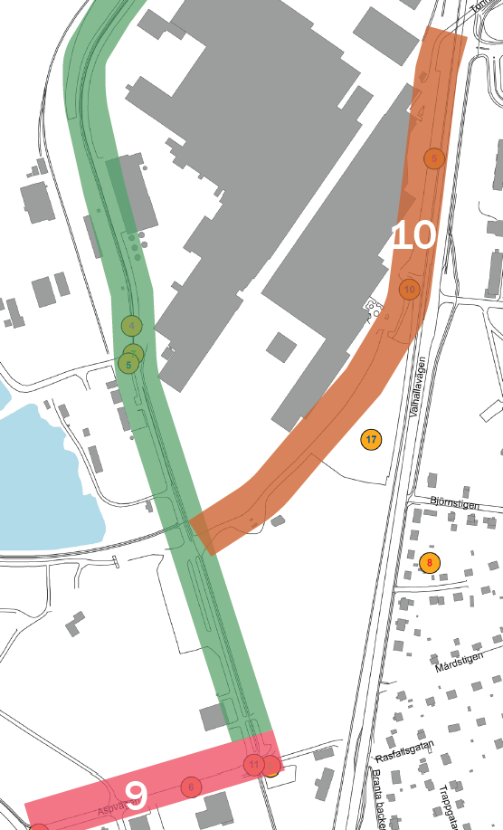 9. Aspvägen Dålig tillgänglighet och trafiksäkerhet för cyklister Snäva korsningar för transporter vid ökad tung trafik.