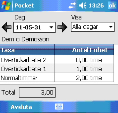 Tid översikten öppnas. Här finns följande funktioner: Val av dag. Utifrån denna dag visas registreringar. Visar dagens datum som standard. Med pilarna skiftas dag. Avgränsning.