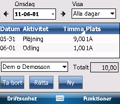 På fliken Förbr. material anger du om du använt något förbruknings material typ diesel, reservdelar, osv. Du väljer material genom att trycka på Tillfoga En lista med alla förbruknings material visas.