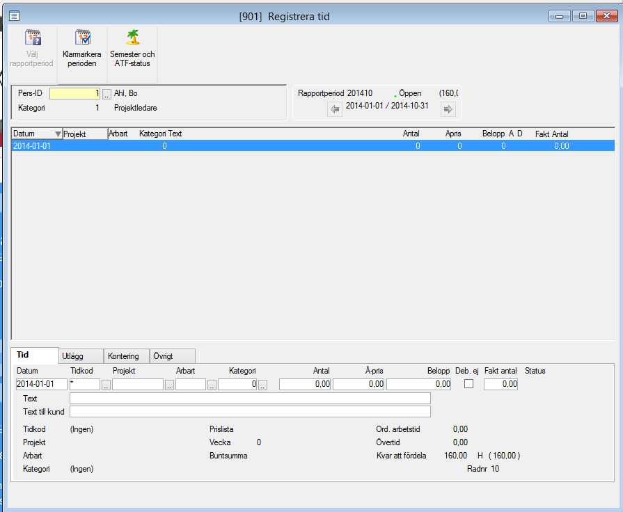 ENTER i fältet tidkod hämtar tidkoden från personalregistret men kan ändras. Ange ett projektnummer tänk på att prislista måste vara angiven i projektet.