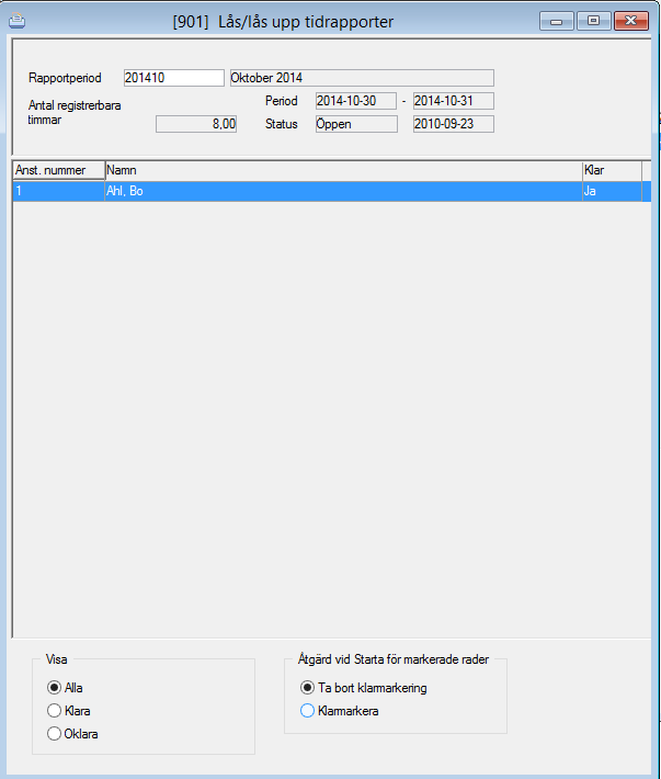 Klarmarkera tid När all registrering för en person för en rapportperiod är klar skall tidrapporten klarmarkeras. Detta sker via ikonen klarmarkera perioden.