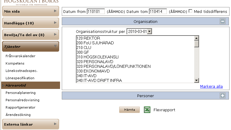 Version 5, 2011-04-12 8 av 8 CHEF Du som chef ska ha behörighet till din inst/enhet. Du väljer fliken Tjänster i menyn och därefter fliken Närvarotid.