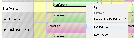Användarhandbok EGENRAPPORTERING Sida 15-2 Exempel på fönstret Ny Egen tid I arbetsytan visas passet egen tid med en grön yta och den beskrivning du har angett. 15.2.2 Byt pass Du kan byta bort ett pass genom att högerklicka i bemanningspasset i kalenderytan och välja Byt pass.