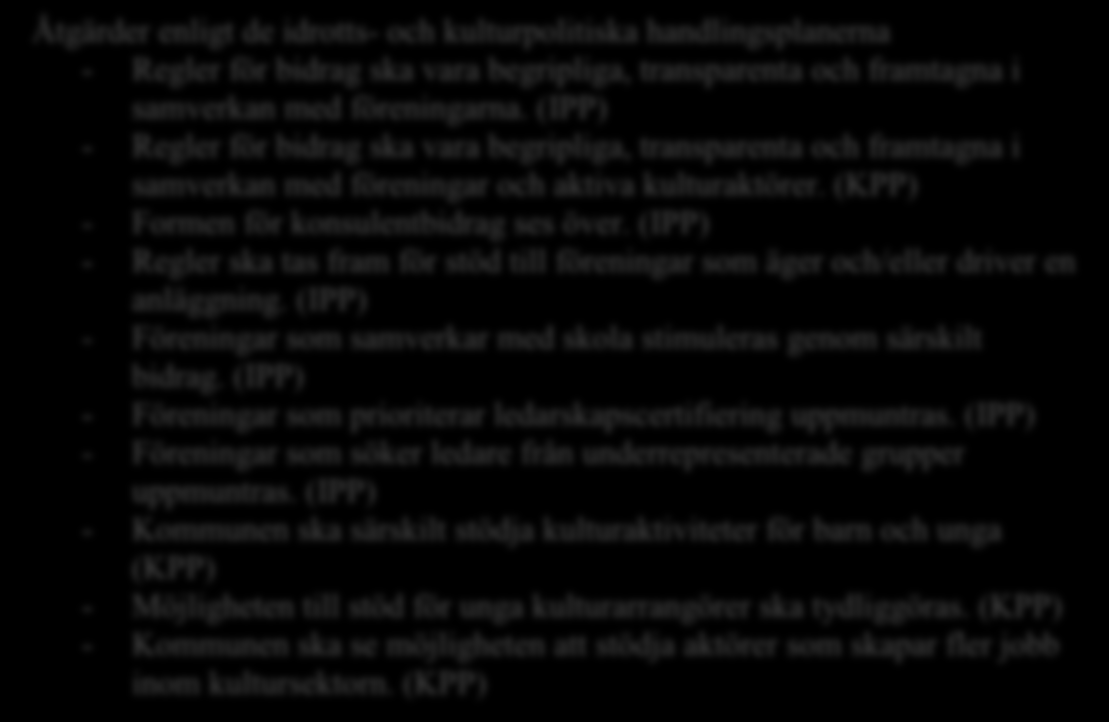 18 (30) Åtgärder enligt de idrotts- och kulturpolitiska handlingsplanerna - Regler för bidrag ska vara begripliga, transparenta och framtagna i samverkan med föreningarna.