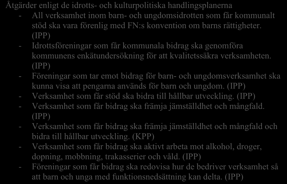 21 (30) Åtgärder enligt de idrotts- och kulturpolitiska handlingsplanerna - All verksamhet inom barn- och ungdomsidrotten som får kommunalt stöd ska vara förenlig med FN:s konvention om barns