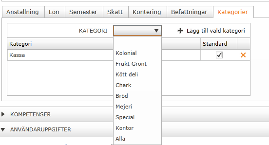 Kontering Denna kontering används om det inte finns någon kontering på schemat eller på stämplingarna om personen stämplar. Kategorier En anställd måste tillhöra en kategori.