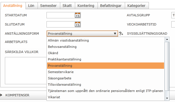 Anställningsuppgifter Under fliken anställningsuppgifter har du flera underflikar. Du möts alltid av fliken Anställning.