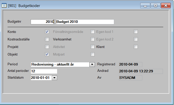 Budget Budgetnamn Sökväg: Redovisning Registervård - Budgetnamn Varje budget måste få ett nummer och ett namn som anges vid registrering av värden och överföring av budget från redovisningen.