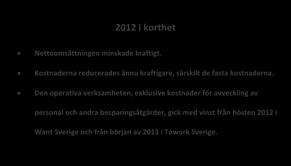 2012 i korthet Nettoomsättningen minskade kraftigt. Kostnaderna reducerades ännu kraftigare, särskilt de fasta kostnaderna.