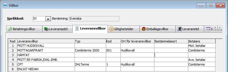 Sida 6 DHL Parti Möjliga fraktbetalare Euroconnect DHL Euroconnect Combiterms + betalarkod enligt Combiterms i fältet Kod t.ex. 001 EXW = Ex Works.