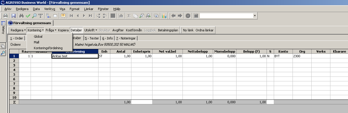 Så här kan det se ut när du har kopierat in alla orderdetaljer. På det här sätter får du samma belopp, text och kontering på flera order till olika personer/företag.