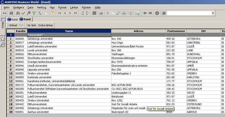 I vårt exempel ovan visas alla kunder där *universitet* finns i det formella namnet. Dubbelklicka på den eller de kunder som kan vara aktuella.