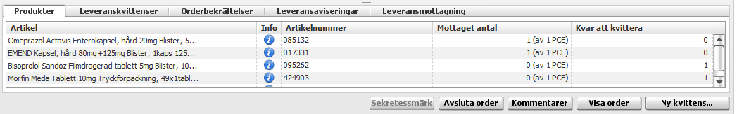 Under listan över order finns fem stycken flikar, se nedan. Om någon flik är gråmarkerad innebär det att information saknas.