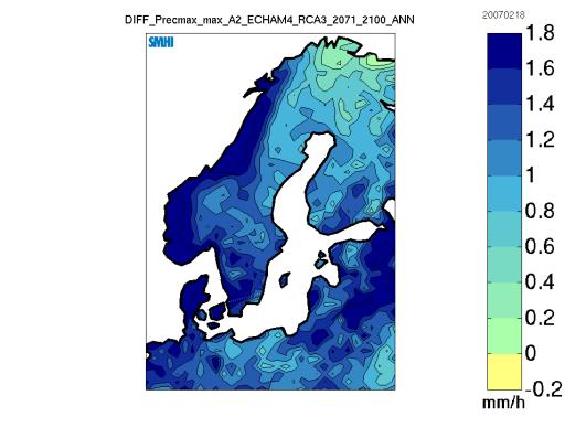 Arealnederbörd Förhållningssätt inför klimatframskrivningar Den framtida differensen i årligt nederbördsmaximum - medelvärdet för