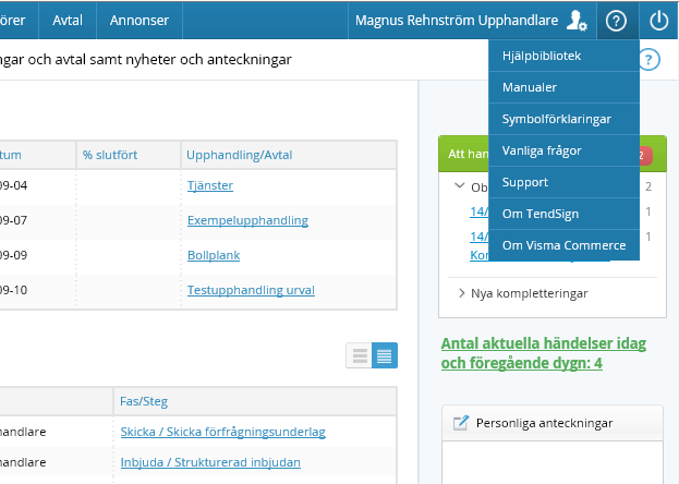 Via fliken Profil kan du även se Journalanteckningar. Där loggas de händelser som sker i upphandlingen. 3.9.