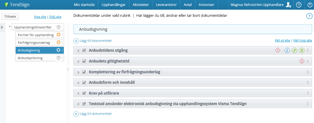 För att få en överblick över dina dokumentdelar finns en möjlighet att välja Fäll ut alla/ Fäll ihop alla.