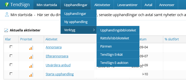 3.2. Menyval: Upphandlingar Härifrån når du direkt in till de moduler du/din organisation har valt att använda i systemet, såsom, Upphandlingsbibliotek, Rättsfallsbibliotek, Pärmen med flera.