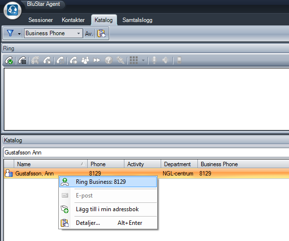 Alternativ 2:2 via BluStar Agent till en kollega i Supportcenter Leta upp den person eller grupp du vill ringa under fliken Kontakter. Högerklicka och välj Ring Business.