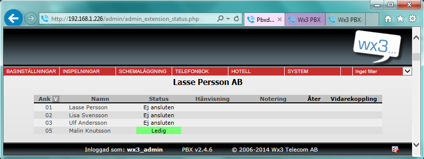 Anknytningsstatus På denna sida i webbgränssnittet kan du se vad som händer i växeln, till exempel när en telefon är upptagen eller om den ringer.