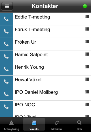 Växeln Växelfliken visar växelns kontaktbok. Mobilen Mobilen-fliken innehåller de anknytningar som finns i mobilens kontaktbok.