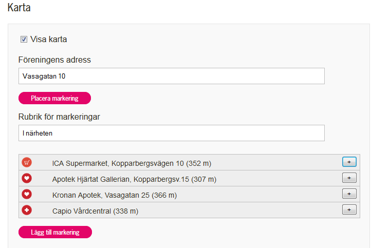 32 (37) 10.5 KARTA Längst ner på startsidan kan man visa en karta (Google Maps), med markeringar för föreningen och närliggande intressepunkter.