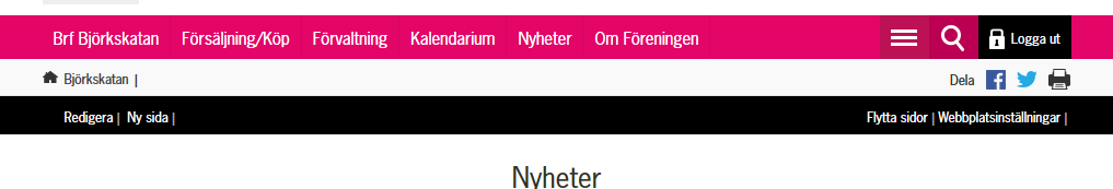 8 (37) 3. REDAKTÖRS-MENYN När du är inloggad, så ska det nu visas en ny menyrad med svart botten, nedan kallad Redaktörs-menyn.