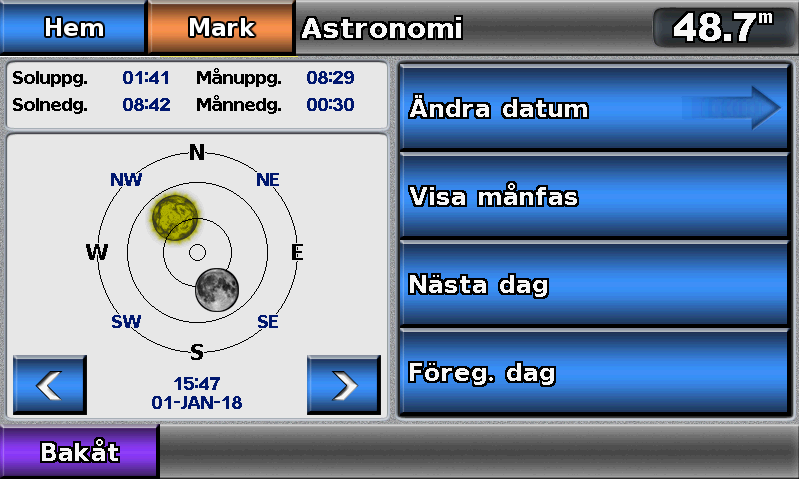 Almanacks-, båt- och miljödata Information om himlakroppar På skärmen Astronomi visas information om solens och månens uppgång/nedgång, månfas och ungefärlig himlavalvsposition för solen ➊ och månen