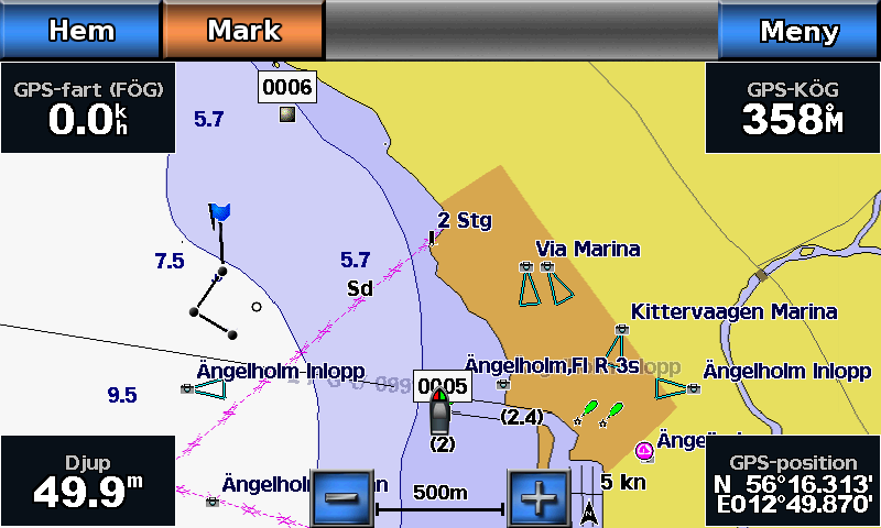 DSC (Digital Selective Calling) Farkostspår på navigationssjökortet Du kan visa spår för alla spårade farkoster på navigationssjökortet, fiskekortet och Mariner s Eye 3D.
