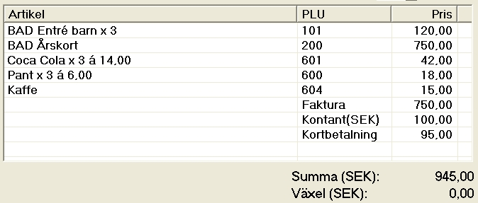 5.7 Betalning med flera betalsätt Man kan kombinera de olika betalsätten som man vill. I vårt exempel nedan nar vi använt betalning med faktura, kontokort och kontant allt i samma köp. OBS!