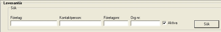 12.2 Sök befintlig leverantör Man kan filtrera fram en leverantör med följande sökkriterier: Företag, Kontaktperson, Företagsnummer, Organisationsnummer och om kunden är Aktiv. 12.