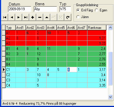 147 5.11 Travstatistik Reducering per häst När systemet är reducerat kan du se hur utfallet blir för varje häst. Klicka på ett nr i nedanstående bild. Resultatet skrivs längst ned i bilden. 5.12 Ranksummor i reducerat system När du har reducerat systemet kan du i den andra grafen se hur ditt system är fördelat per ranksumma.