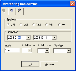 DataSystem 162 I detta exempel har perioden valts för alla V75:or under 2009.