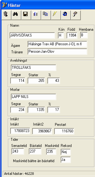 Register 182 Sök häst Grafik för häst Tidigare starter Lopp Anteckningar Hemmabana för häst 7.1.1 Sök häst Sökfunktionen i hästregistret innehåller en ruta där du kan skriva början på hästnamnet.