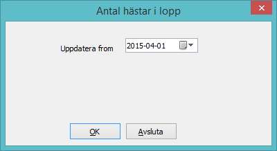 Underhåll 270 11.10 Antal hästar i lopp Rutinen kompletterar databasen med antal hästar i lopp from angivet datum och framåt.
