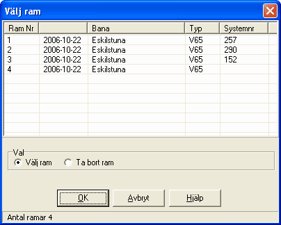 Program 52 Du kan ta bort en ram genom att markera raden, byta till valet Ta bort ram och sedan klicka på OK. 4.5.3 Lägg till eller ta bort hästar Om du klickar på knappen nästa häst tar programmet fram nästa häst i rankingordning med aktuell ekvation.