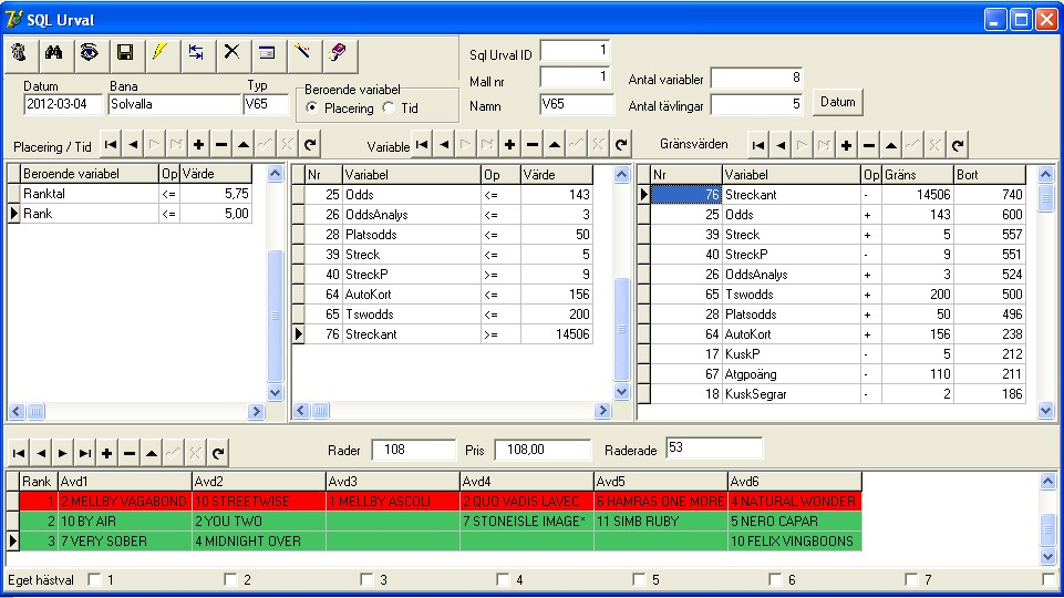Program 70 4.5.20 SQL-Urval När du valt en tävling i Spelförslag kan du klicka på SQL-urval och får då nedanstående bild. Om Sqlurvalet redan finns för tävlingen så visas det.