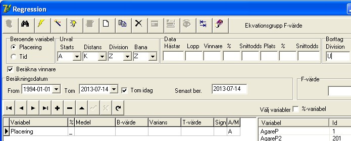 81 4.6.3 Travstatistik Skapa ny ekvation När regressionbilden öppnas är kopplingen mot databasen stängd. Tryck därför på sökknappen och välj en ekvation för att öppna tabellerna i bilden.